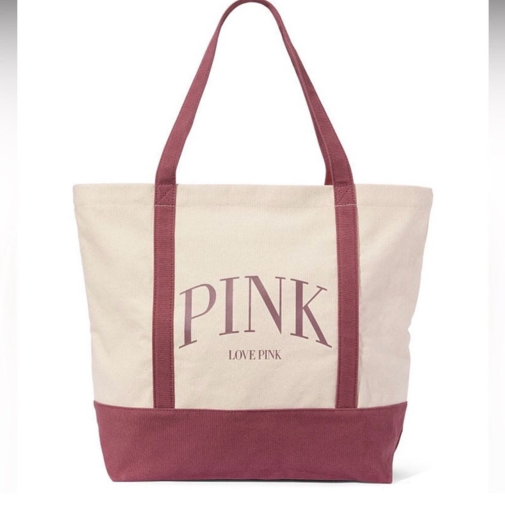 PINK Victoria's Secret Cream and Burgundy Rose Canvas Tote Bag